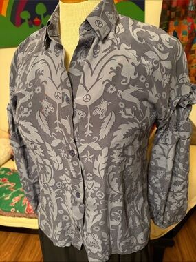 Karen Walker Blue-Gray Floral Paisley Peace Skull Button-Down Silk Shirt